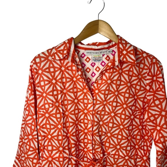 Gretchen Scott Geometrical Shirt Dress Orange Size Medium Tie Waist - Picture 2 of 6